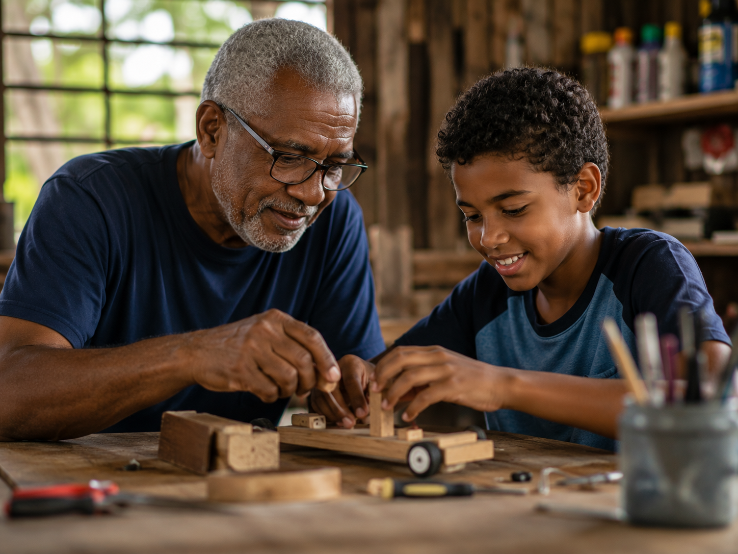 Un mentor y un niño construyen juntos un proyecto de madera.