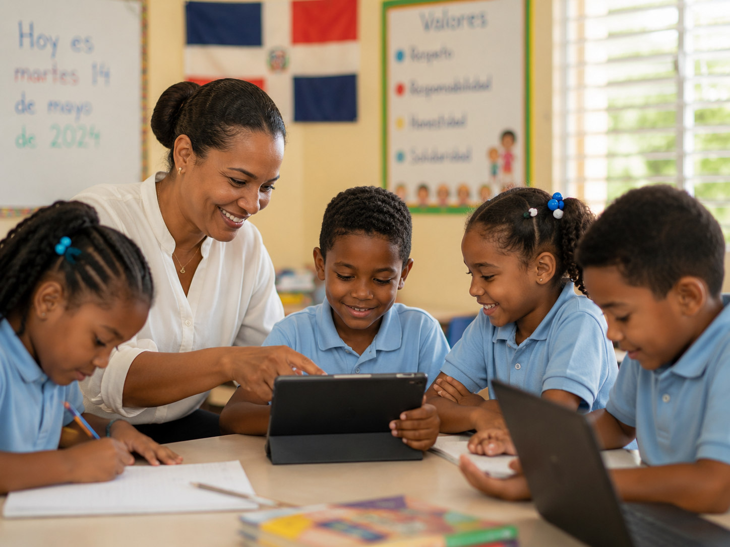 Una maestra y sus estudiantes aprenden con una tableta en un aula dominicana.
