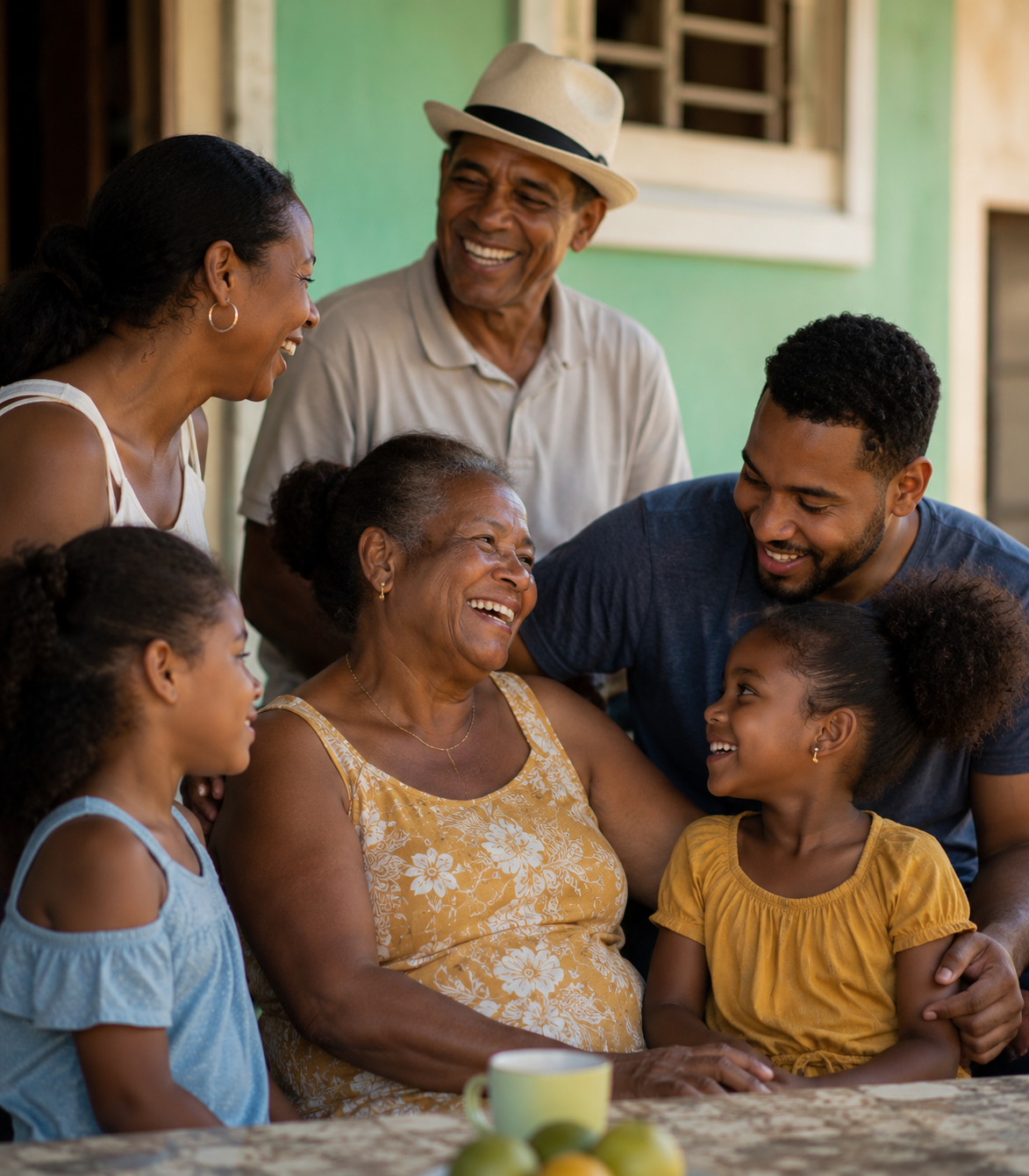 Una familia dominicana de varias generaciones comparte y ríe junta.